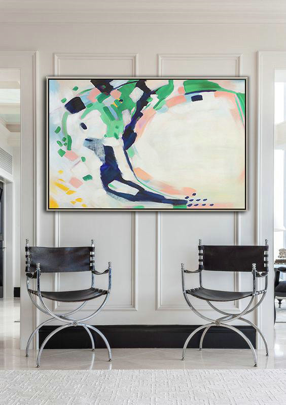 Original Painting Hand Made Large Abstract Art,Oversized Horizontal Contemporary Art,Large Contemporary Painting,White,Grey,Dark Blue,Green.etc